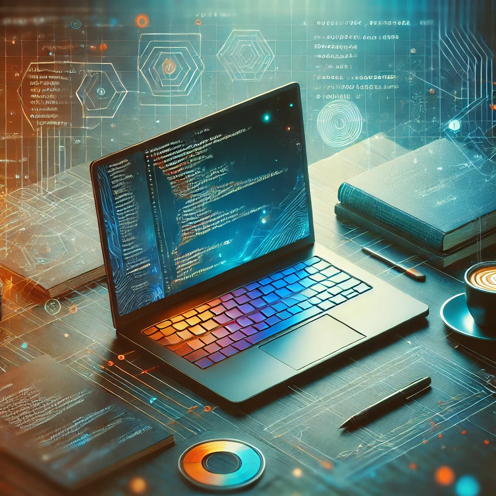High-quality graphic of a coding workspace with a sleek laptop displaying code on the screen, accompanied by a coffee cup, notes, and abstract coding symbols in deep blue, teal, and orange colors.
